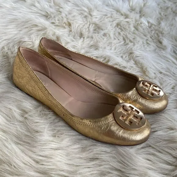 Tory Burch MINNIE TRAVEL BALLET Gold Flats sz 8M- Preowned - Picture 5 of 16